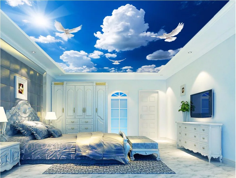 Vlastné foto 3d strop, nástenné maľby, tapety domova maľovanie modrá obloha, biele oblaky dove 3d nástenné maľby, tapety pre obývacia izba