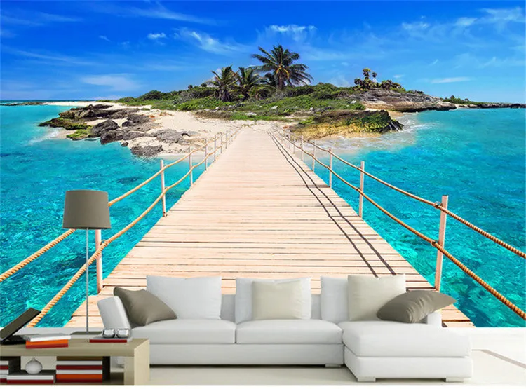 Vlastné Foto Tapety Blue Sky Seascape Beach Isle Drevený Most 3D Coco Seagull TV Tapetu Pozadia Obývacia Izba, Spálňa