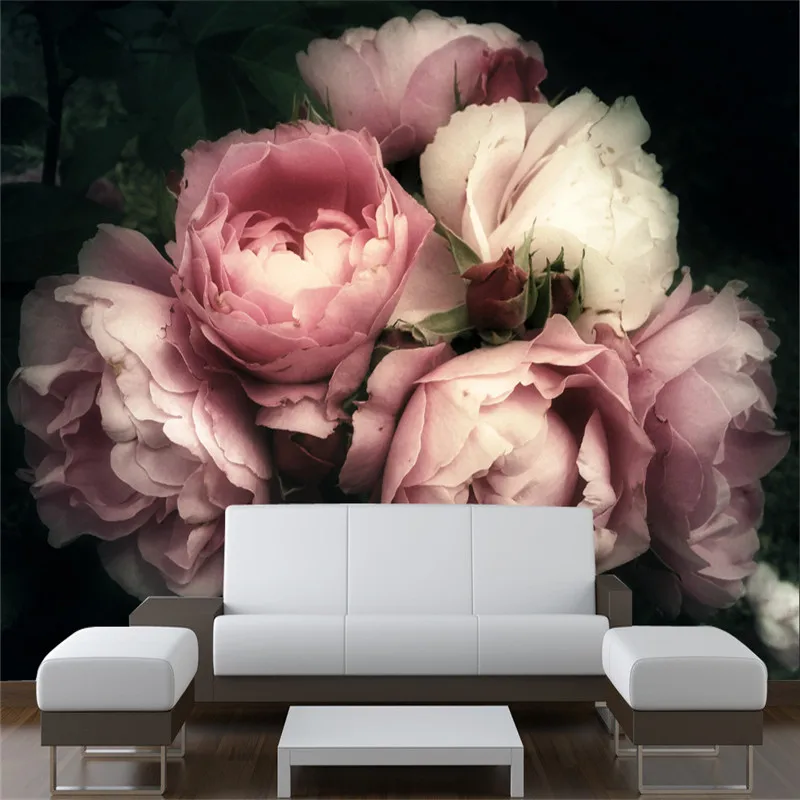 Romantický Vintage Kvetinové Tapety 3D Krásne Ružové Ruže Kvety na Tmavom Pozadí nástenná maľba 3D Tapeta na Stenu Papiere Domova