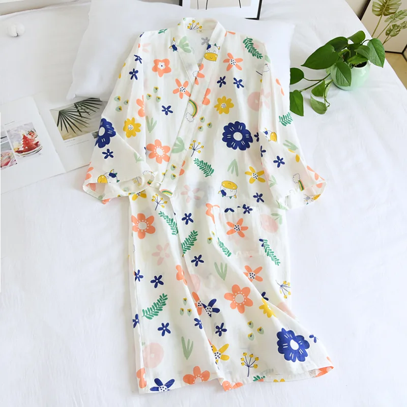 Leto, 100% Bavlna Tenké Japonské Kimono Šaty pre Ženy Kvetinový Tlač Župan Voľné Bežné Mäkké Absorbovať Pot Spánku Topy 2021