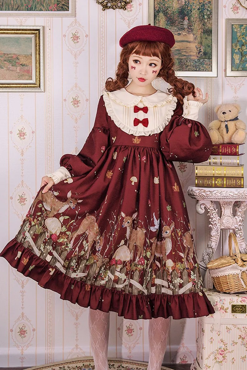 Sladké lolita šaty vintage falbala o-krku bowknot roztomilý tlač vysoký pás viktoriánskej šaty kawaii dievča gothic lolita op loli cos